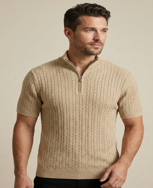 Men’s Camel Beige Cable Knit Half-Zip T-Shirt