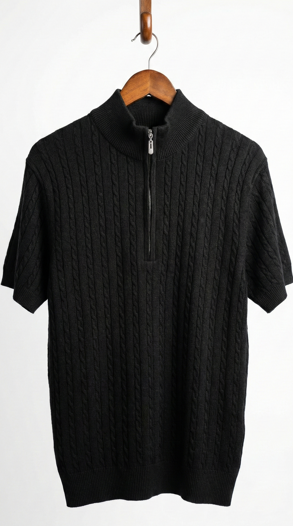 Men’s Black Cable Knit Zip-Neck T-Shirt