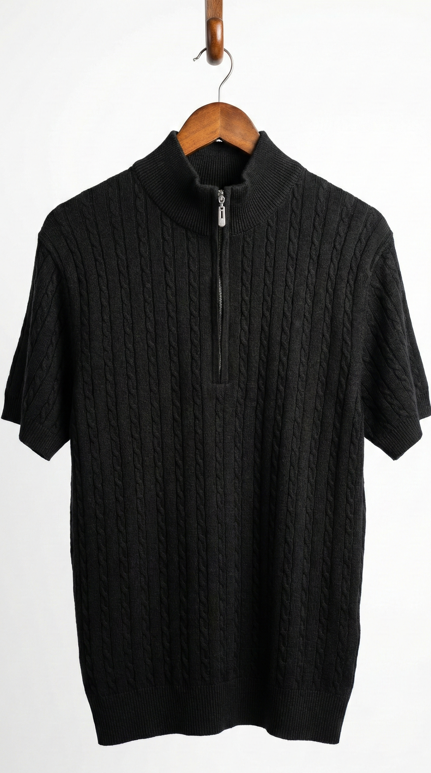 Men’s Black Cable Knit Zip-Neck T-Shirt