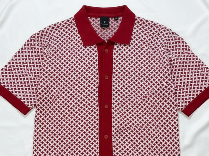 Men's Maroon Knit Polo with Geometric Pattern