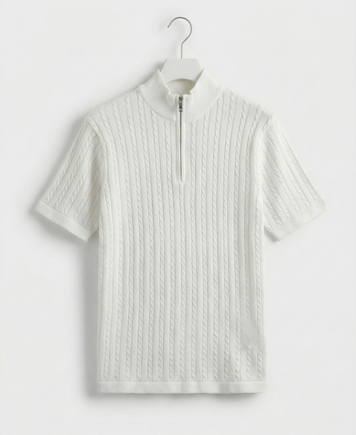 Men’s White Cable Knit Half-Zip T-Shirt