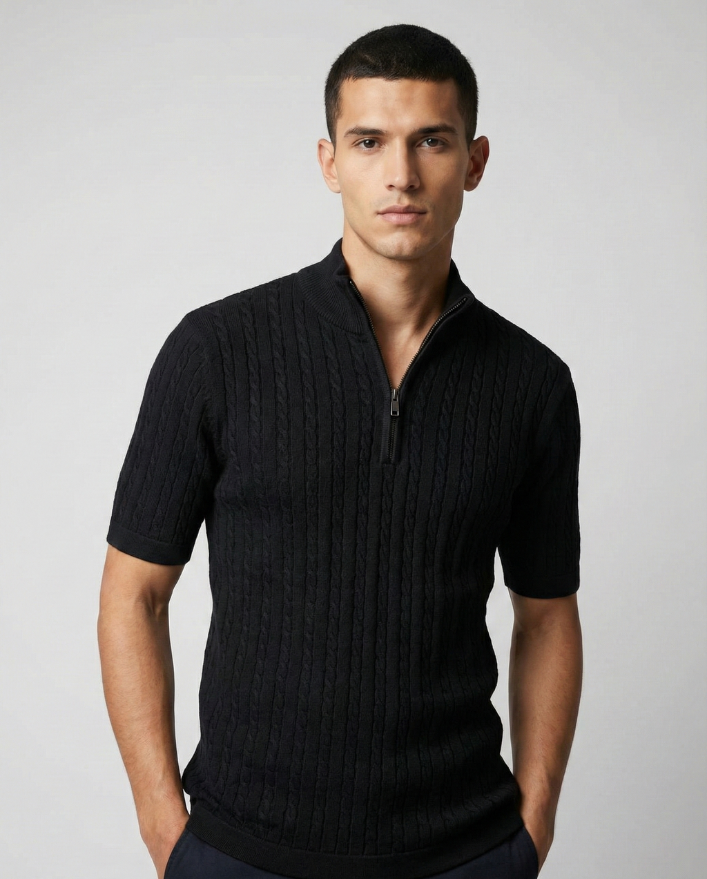 Men’s Black Cable Knit Zip-Neck T-Shirt