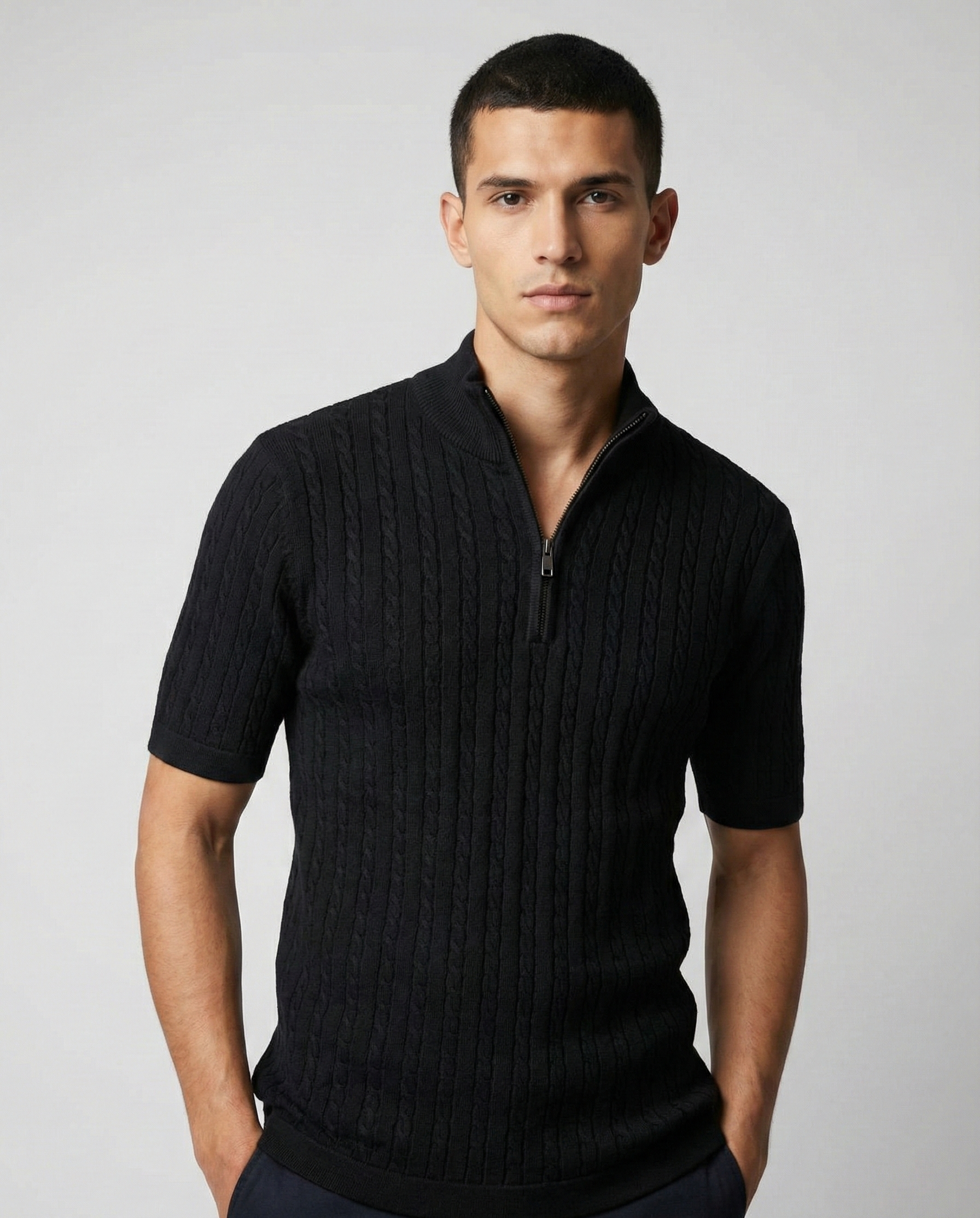 Men’s Black Cable Knit Zip-Neck T-Shirt