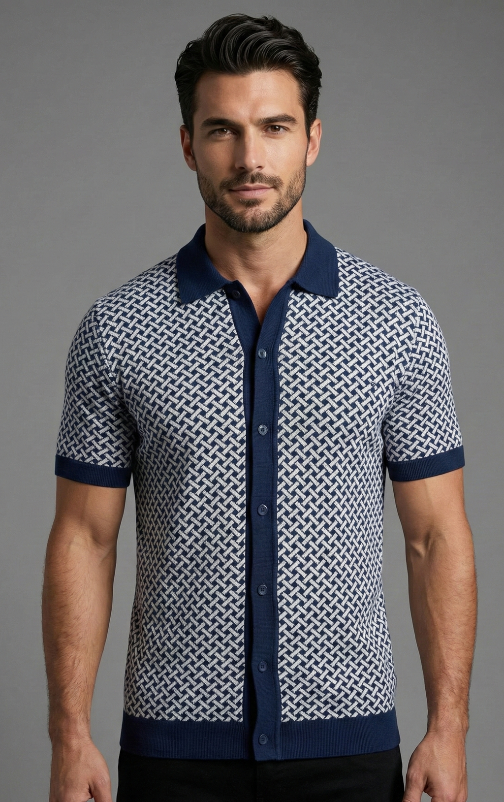 Men’s Navy Knit Polo with Geometric Weave Design