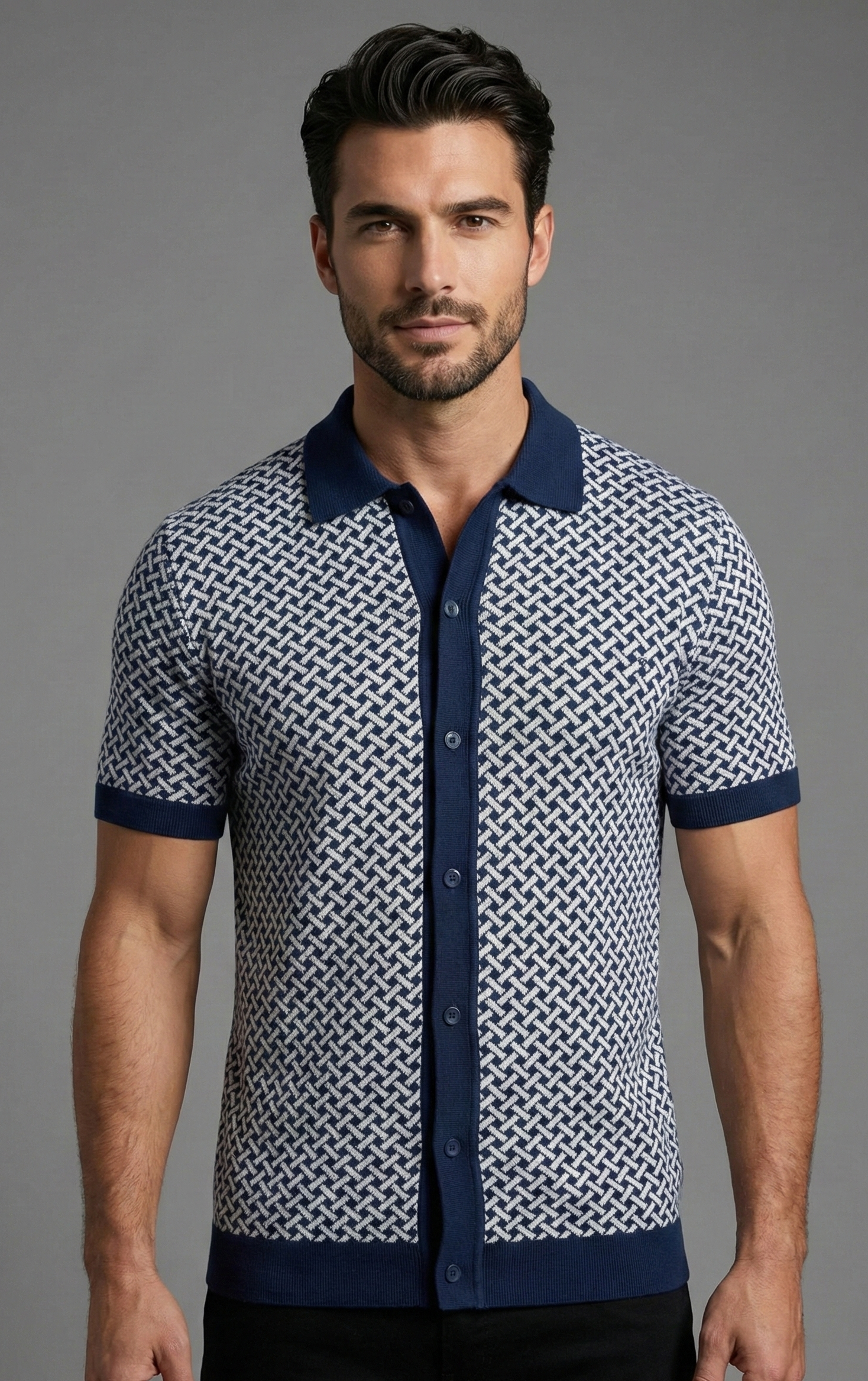 Men’s Navy Knit Polo with Geometric Weave Design