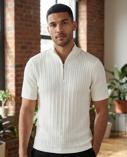 Men’s White Cable Knit Half-Zip T-Shirt