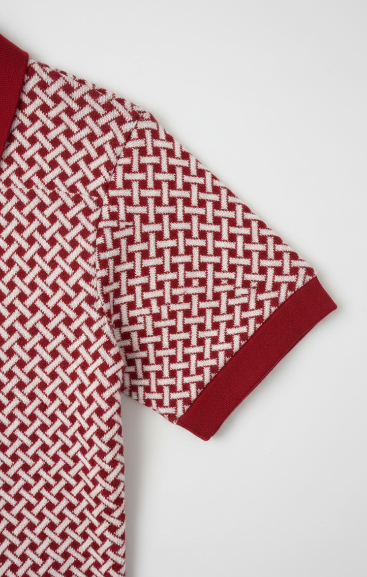 Men's Maroon Knit Polo with Geometric Pattern