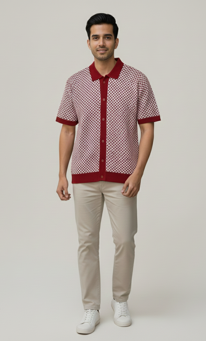 Men's Maroon Knit Polo with Geometric Pattern