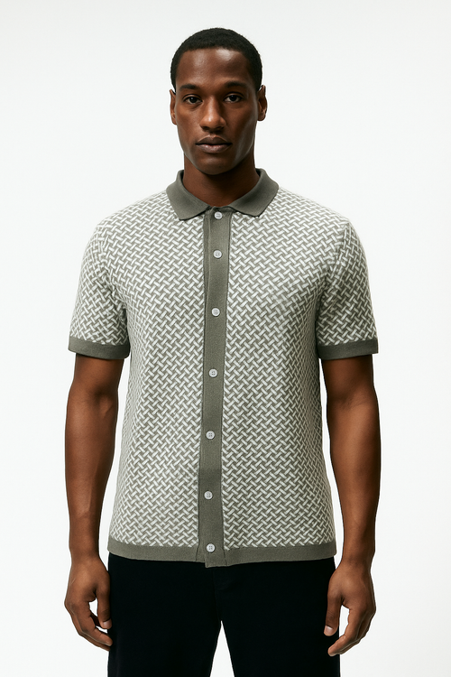 Men’s Pista Green & White Geometric Knit Polo