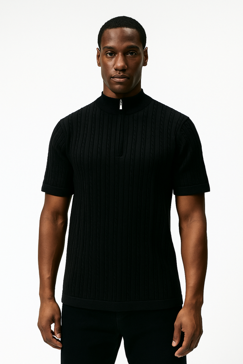 Men’s Black Cable Knit Zip-Neck T-Shirt