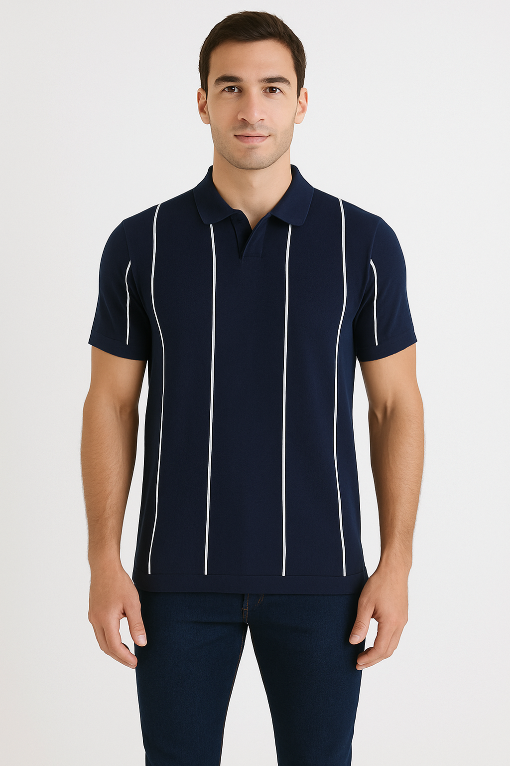 Men’s Navy Polo Shirt with Vertical White Stripes