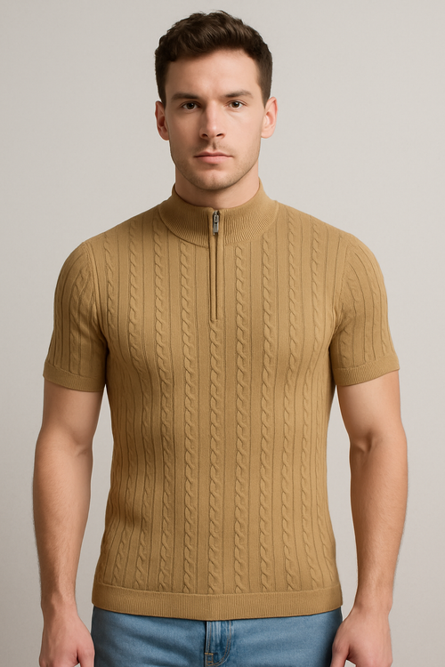 Men’s Camel Beige Cable Knit Half-Zip T-Shirt