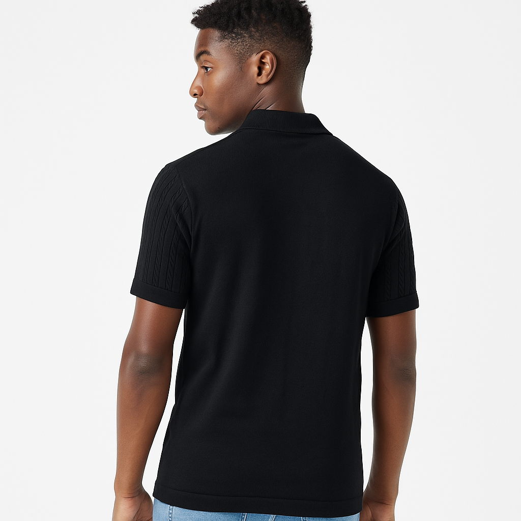Men’s Black Cable Knit Zip-Neck T-Shirt