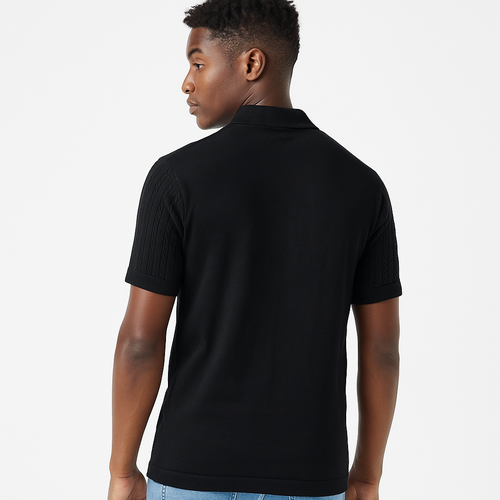 Men’s Black Cable Knit Zip-Neck T-Shirt