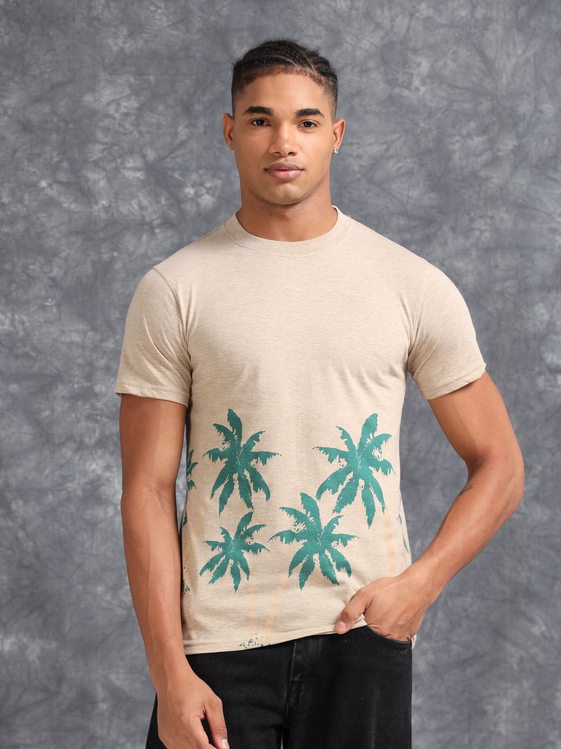 Beige Tropical Tree Printed Tee
