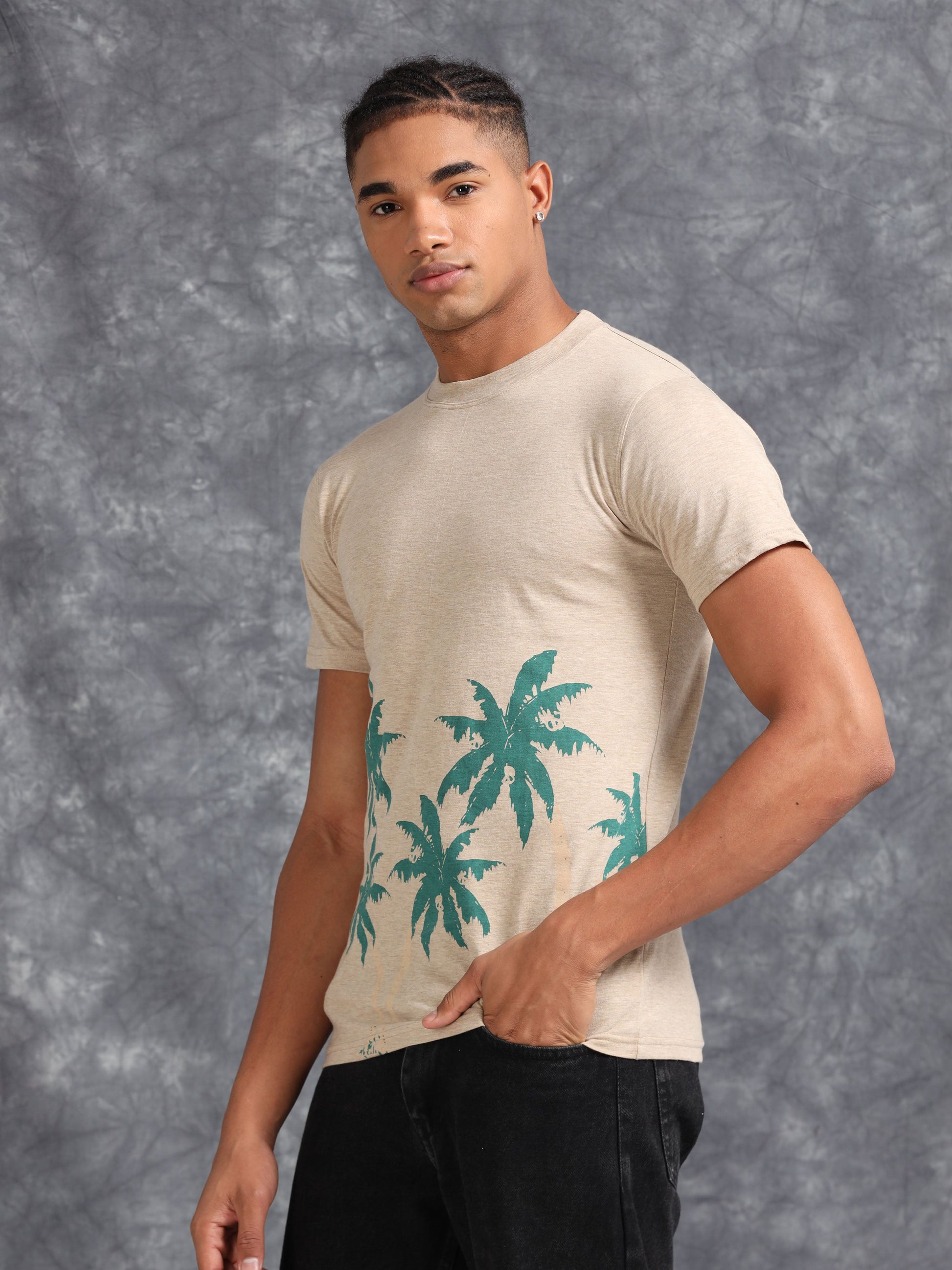 Beige Tropical Tree Printed Tee