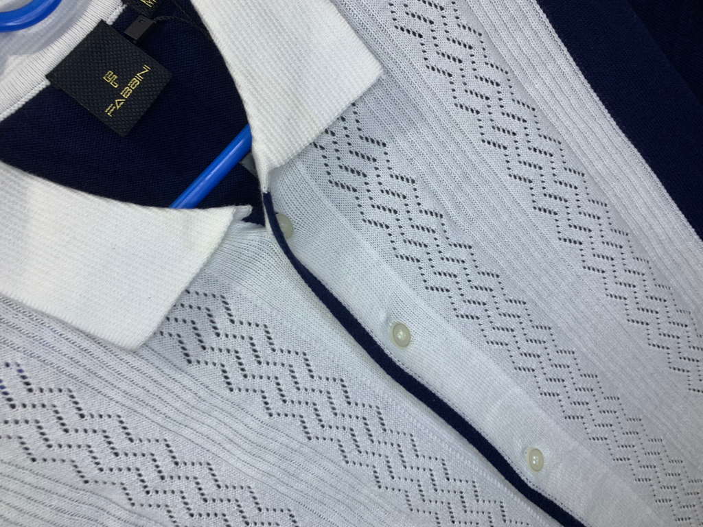 Men's Navy & White Textured Knit Polo Shirt