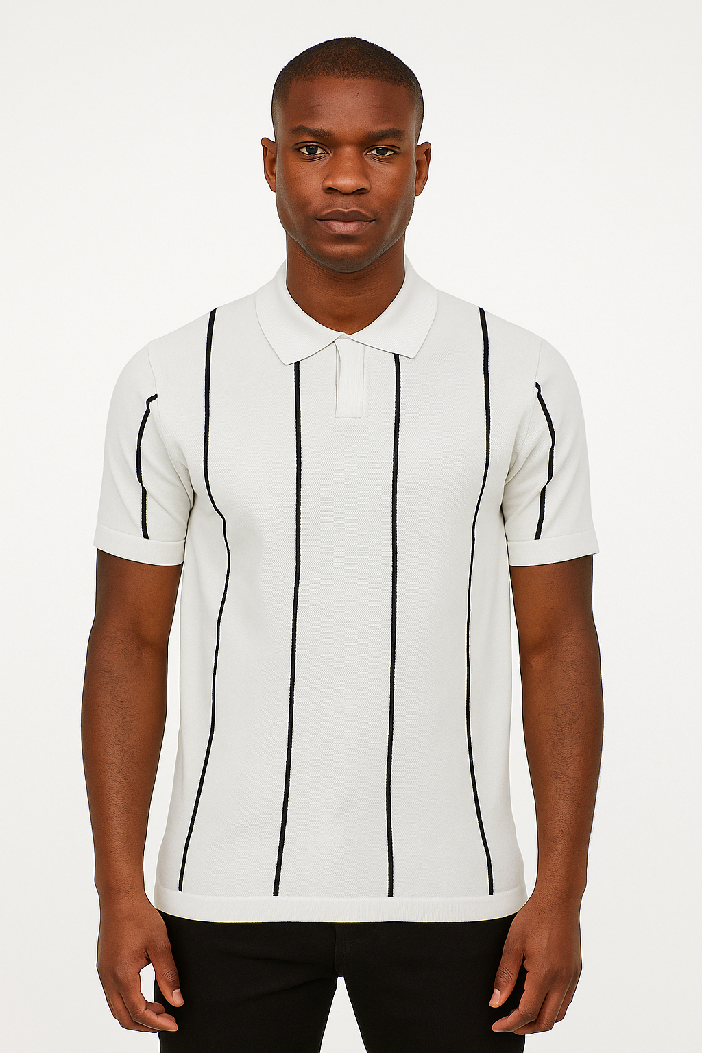 Men's White Polo Shirt with Black Vertical Stripes