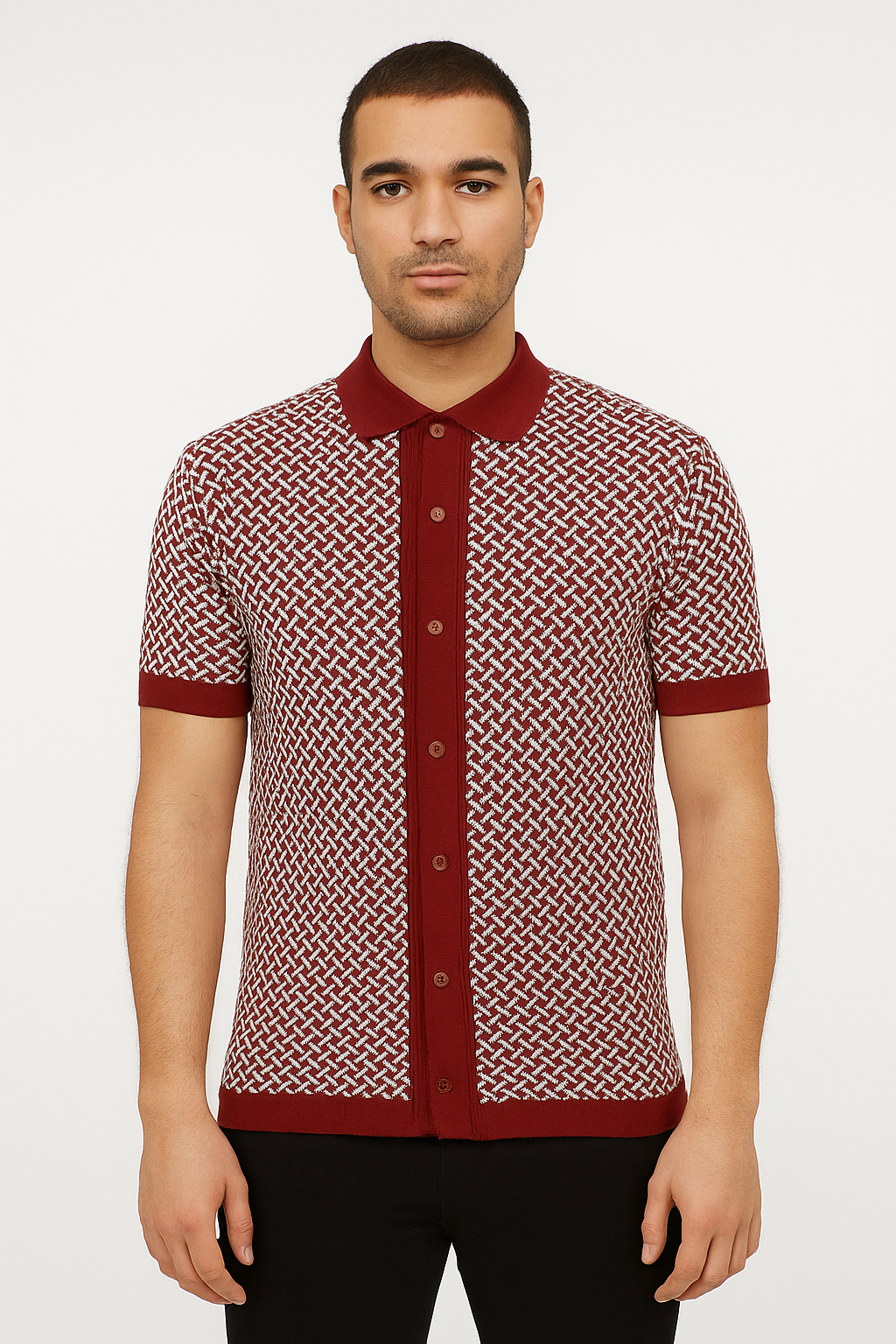 Men's Maroon Knit Polo with Geometric Pattern