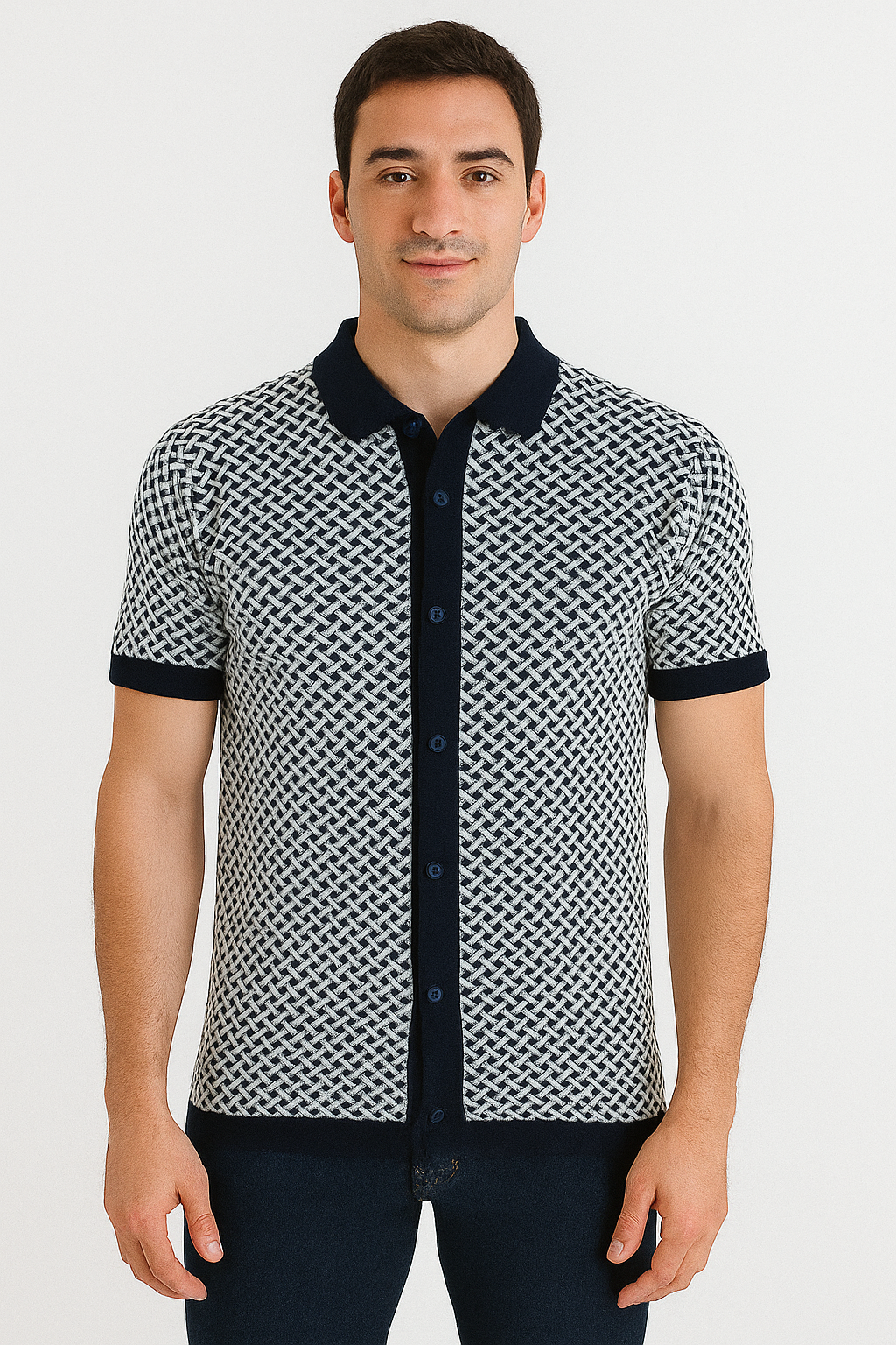 Men’s Navy Knit Polo with Geometric Weave Design