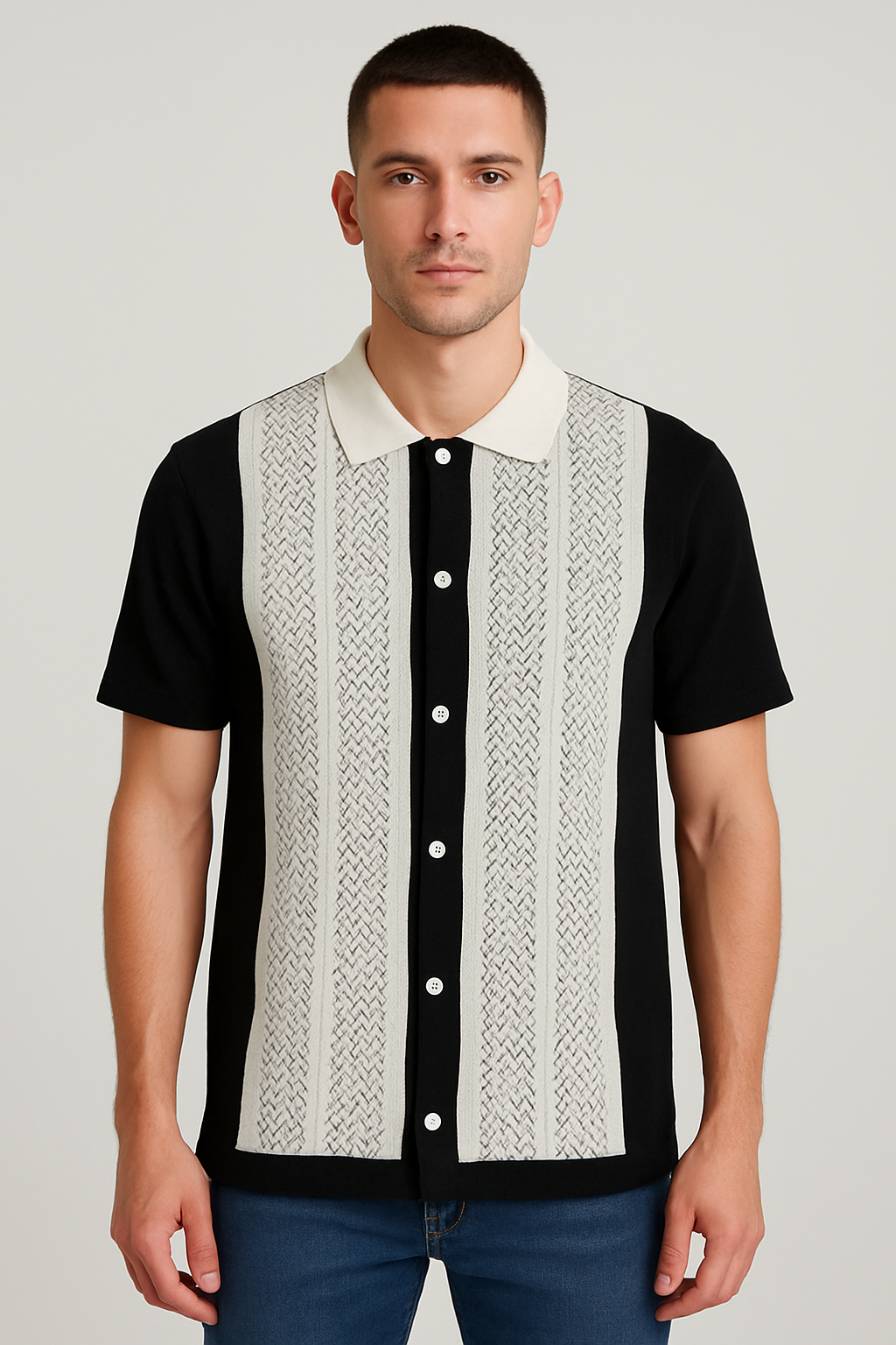 Men's Black & Ivory Textured Button-Down Polo Shirt