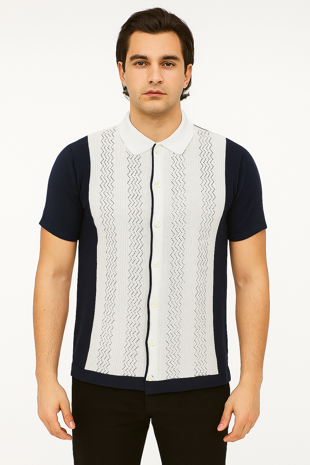 Men's Navy & White Textured Knit Polo Shirt
