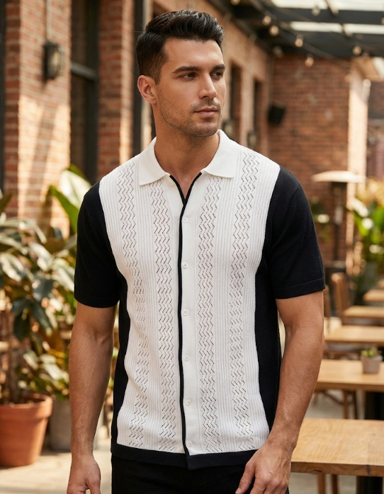 Men's Black & Ivory Textured Button-Down Polo Shirt