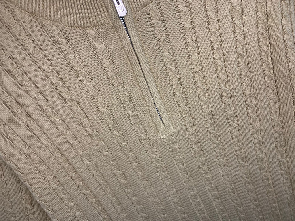Men’s Camel Beige Cable Knit Half-Zip T-Shirt