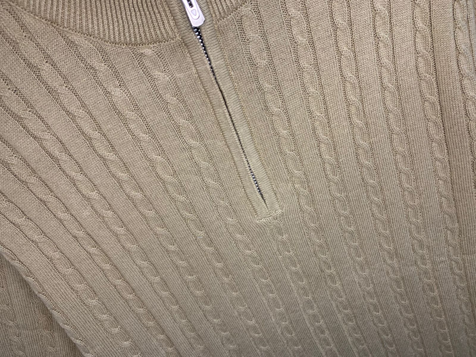 Men’s Camel Beige Cable Knit Half-Zip T-Shirt