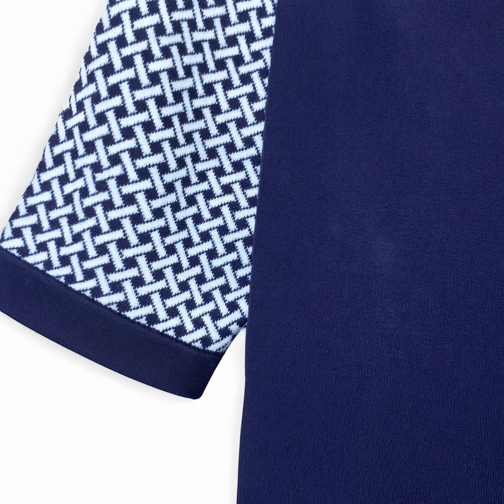 Men’s Navy Knit Polo with Geometric Weave Design