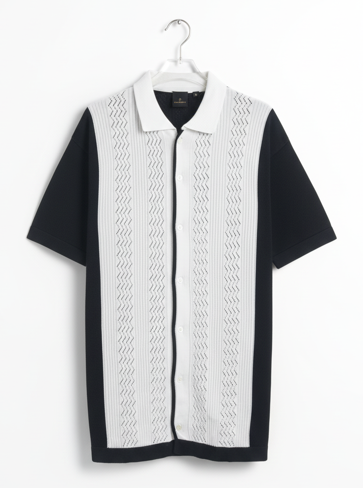 Men's Black & Ivory Textured Button-Down Polo Shirt